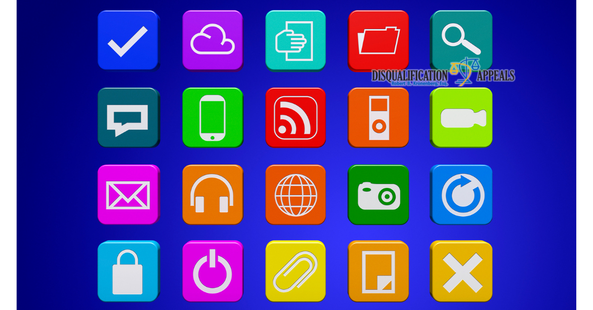 Colorful social media and app icons illustrating How Social Media Activity Can Impact Police Department Applications, with Disqualification Appeals logo in the corner.